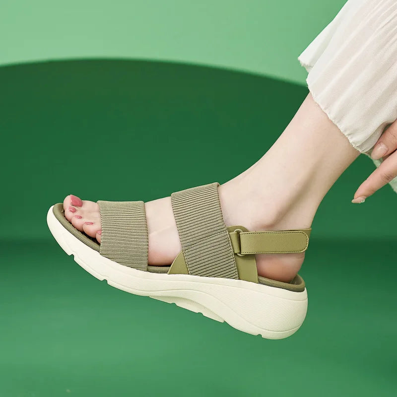 SIKETU Brand Summer Fashion Women Shoes Wedge Platform Sandal Hook Loop Round Toe Classic Simple Comfortable Office Girl Apricot