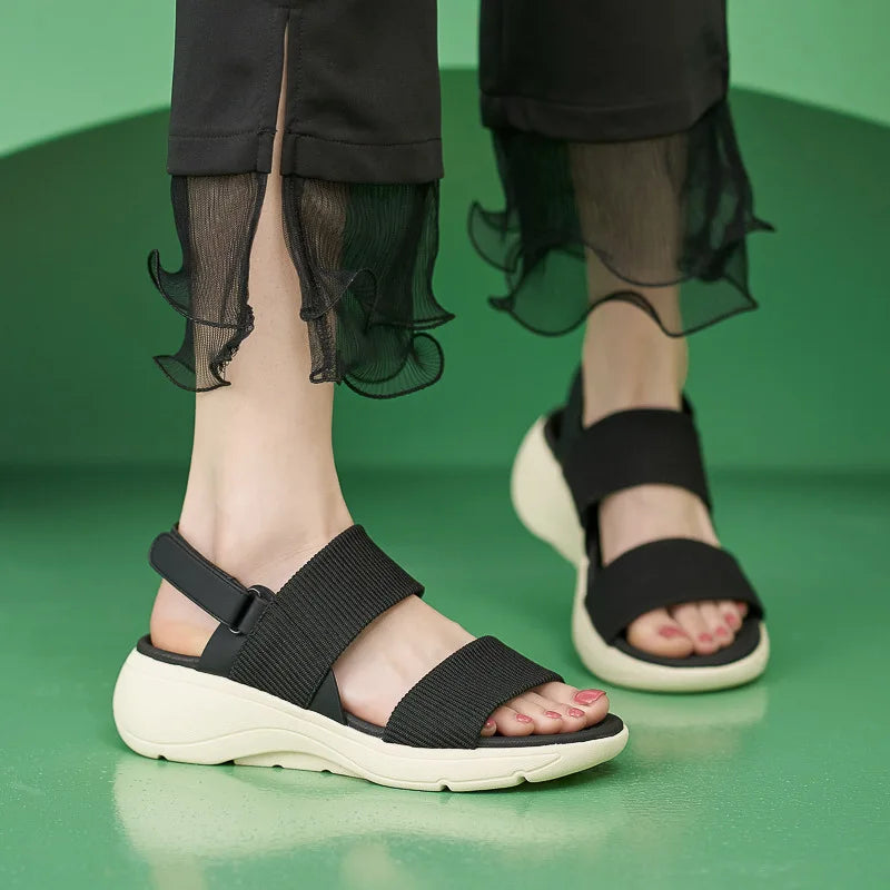 SIKETU Brand Summer Fashion Women Shoes Wedge Platform Sandal Hook Loop Round Toe Classic Simple Comfortable Office Girl Apricot