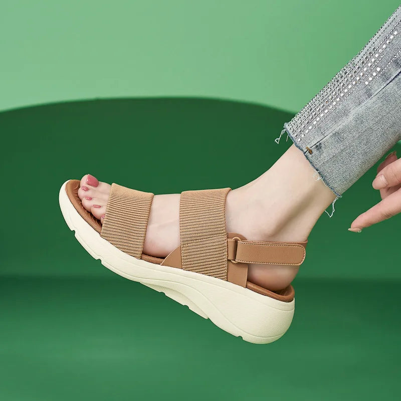SIKETU Brand Summer Fashion Women Shoes Wedge Platform Sandal Hook Loop Round Toe Classic Simple Comfortable Office Girl Apricot