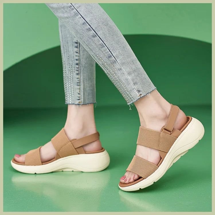 SIKETU Brand Summer Fashion Women Shoes Wedge Platform Sandal Hook Loop Round Toe Classic Simple Comfortable Office Girl Apricot