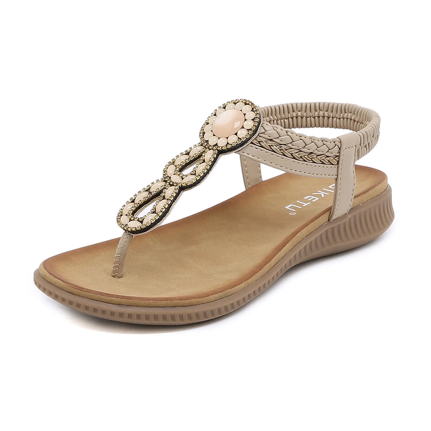SIKETU Brand Novelty Fashion Bohe Flat Sandals Women Round Clip Toe Shoes Rhinestone Elastic Band Beach Sea Holiday Green 41 42