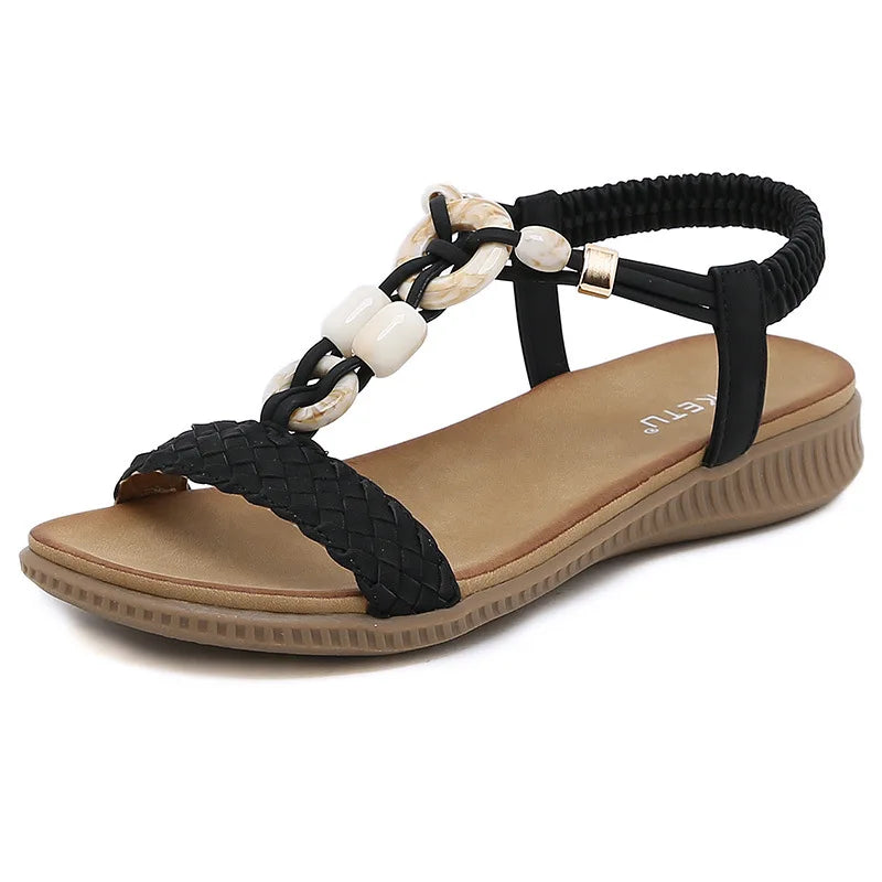 SIKETU Brand Retro Bohe Flat Sandals Women Knit Elastic Ankle Strap Leisure Beads Shoes Beach Rome Anti-slide White Casual Work