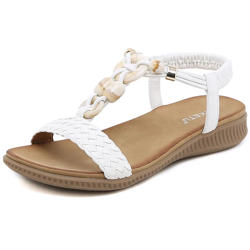 SIKETU Brand Retro Bohe Flat Sandals Women Knit Elastic Ankle Strap Leisure Beads Shoes Beach Rome Anti-slide White Casual Work