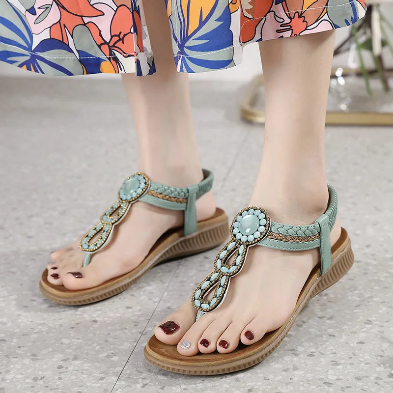 SIKETU Brand Novelty Fashion Bohe Flat Sandals Women Round Clip Toe Shoes Rhinestone Elastic Band Beach Sea Holiday Green 41 42
