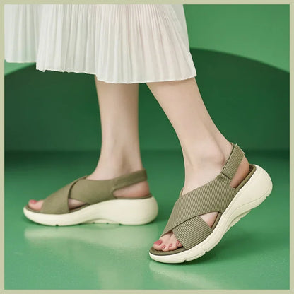 SIKETU Brand Solid Color Shoes for Women Wedge Platform Sandals Cross-tied Sewing Thread Cloth Buckle Waterproof Hook Loop Green
