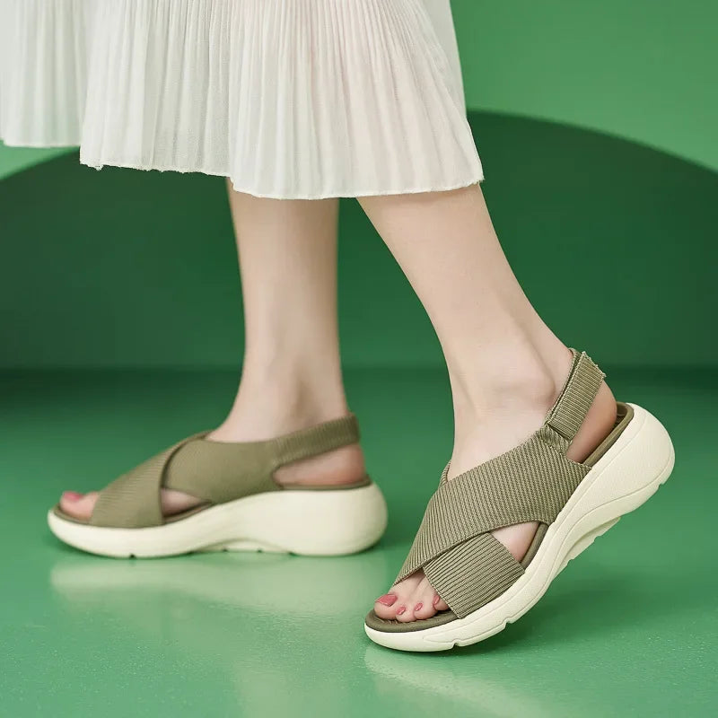 SIKETU Brand Solid Color Shoes for Women Wedge Platform Sandals Cross-tied Sewing Thread Cloth Buckle Waterproof Hook Loop Green