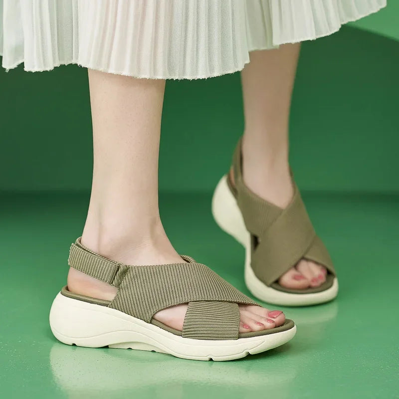 SIKETU Brand Solid Color Shoes for Women Wedge Platform Sandals Cross-tied Sewing Thread Cloth Buckle Waterproof Hook Loop Green