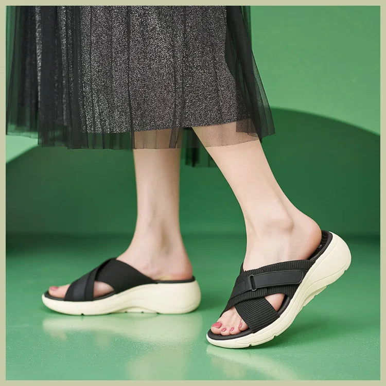 SIKETU Brand Fashion Women Shoes  Cross Strap Platform Thick Leisure  Wedge Slides Hook Loop Durable Lightweight Green Slipper
