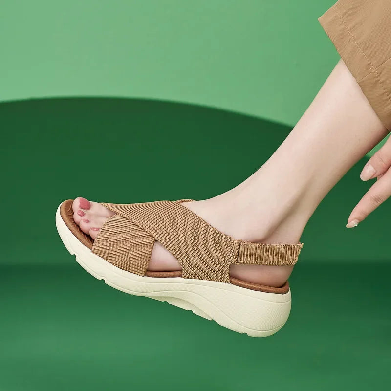 SIKETU Brand Solid Color Shoes for Women Wedge Platform Sandals Cross-tied Sewing Thread Cloth Buckle Waterproof Hook Loop Green