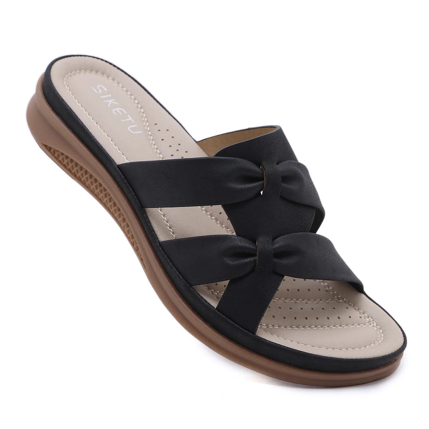 SIKETU Brand New Style Women Basic Solid Color Slippers Sweet Bowknot Novelty Korean Flat Heel Shoes Leisure Fashion Girls Black