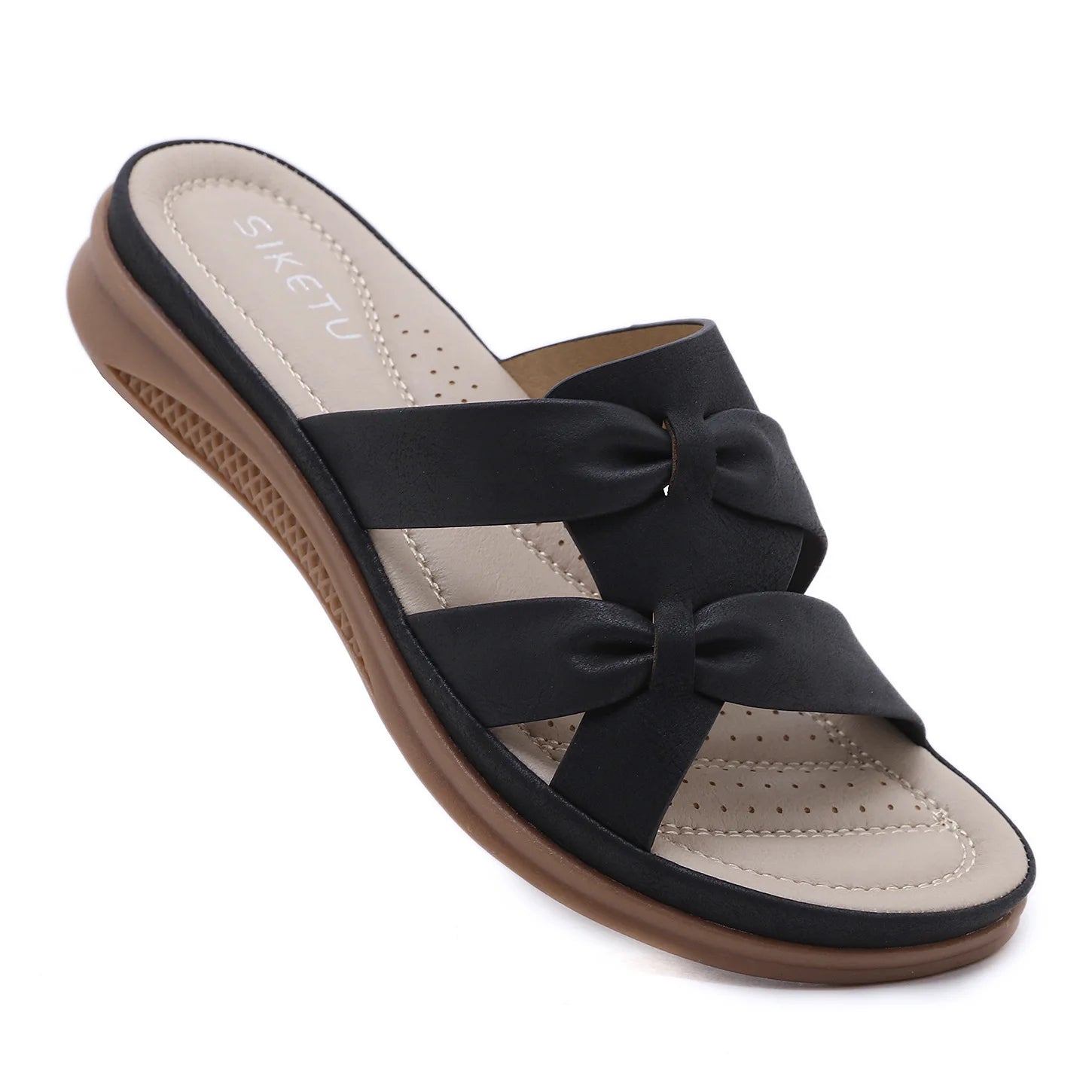 SIKETU Brand New Style Women Basic Solid Color Slippers Sweet Bowknot Novelty Korean Flat Heel Shoes Leisure Fashion Girls Black