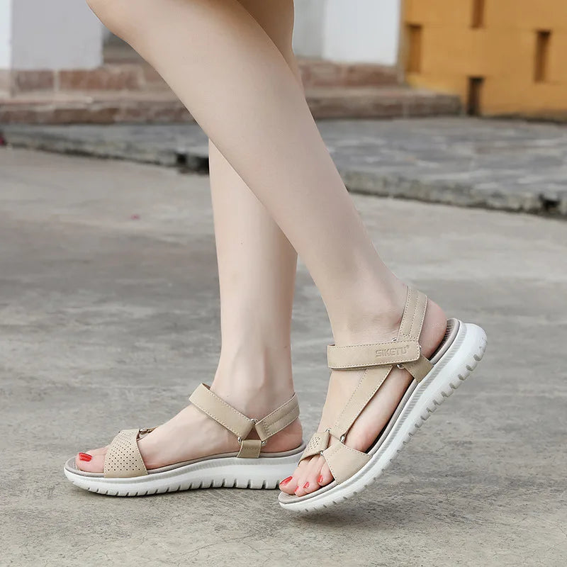 SIKETU Brand Summer Fashion Flat Heel Sandals Women Novelty Cut Out Vamp Adjustable Buckle Daily Shoes Hook Loop Beach Soft Blue