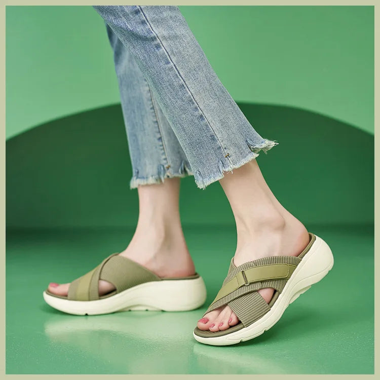 SIKETU Brand Fashion Women Shoes  Cross Strap Platform Thick Leisure  Wedge Slides Hook Loop Durable Lightweight Green Slipper
