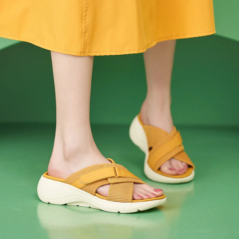 SIKETU Brand Fashion Women Shoes  Cross Strap Platform Thick Leisure  Wedge Slides Hook Loop Durable Lightweight Green Slipper