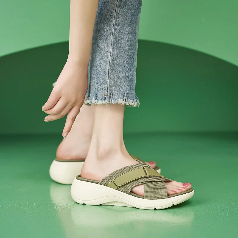 SIKETU Brand Fashion Women Shoes  Cross Strap Platform Thick Leisure  Wedge Slides Hook Loop Durable Lightweight Green Slipper