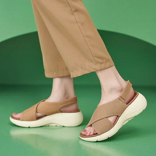 SIKETU Brand Solid Color Shoes for Women Wedge Platform Sandals Cross-tied Sewing Thread Cloth Buckle Waterproof Hook Loop Green