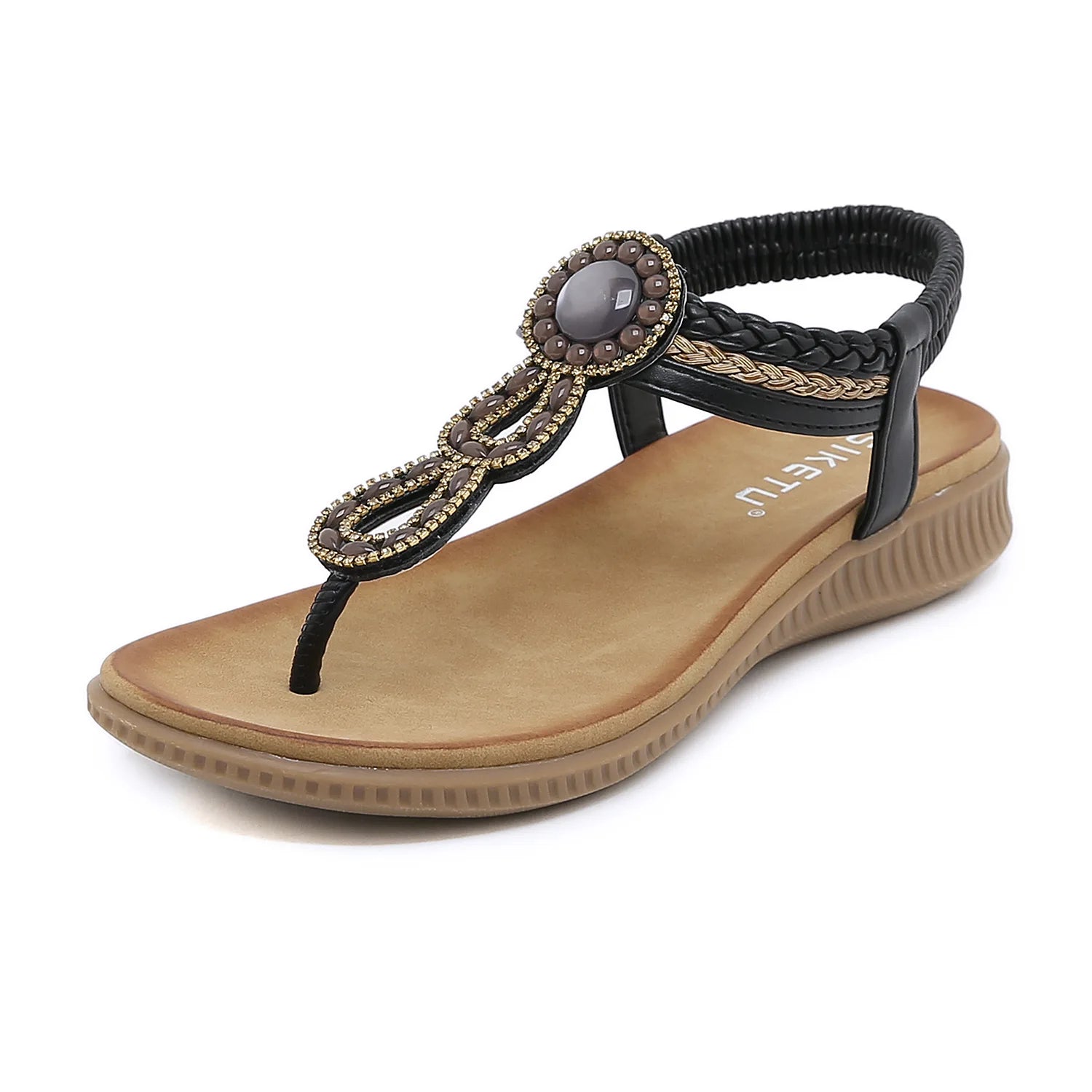 SIKETU Brand Novelty Fashion Bohe Flat Sandals Women Round Clip Toe Shoes Rhinestone Elastic Band Beach Sea Holiday Green 41 42