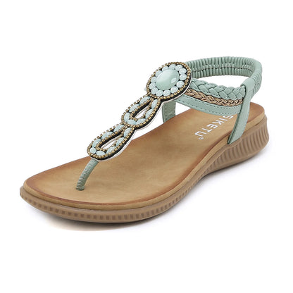 SIKETU Brand Novelty Fashion Bohe Flat Sandals Women Round Clip Toe Shoes Rhinestone Elastic Band Beach Sea Holiday Green 41 42