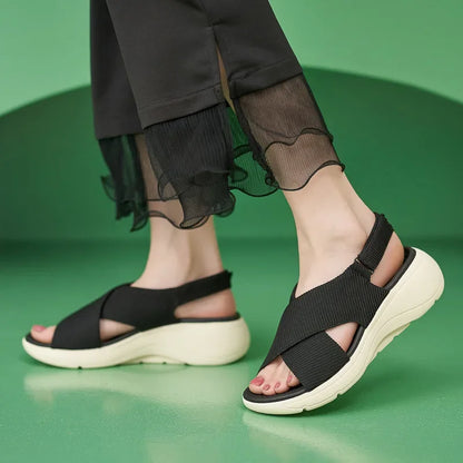 SIKETU Brand Solid Color Shoes for Women Wedge Platform Sandals Cross-tied Sewing Thread Cloth Buckle Waterproof Hook Loop Green